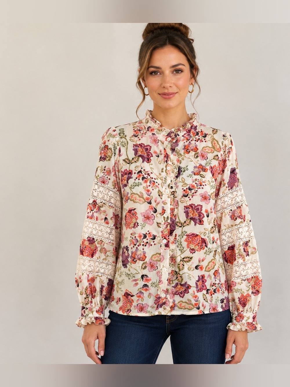 House of Harlow 1960 Floral Lace Trim Boho Blouse Romantic Top Size Small